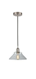 616-1P-SN-G132 Cord Hung 8.375" Brushed Satin Nickel Mini Pendant - Clear Orwell Glass - LED Bulb - Dimmensions: 8.375 x 8.375 x 6.5<br>Minimum Height : 10.75<br>Maximum Height : 128.75 - Sloped Ceiling Compatible: Yes