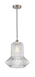 616-1P-SN-G212 Cord Hung 12" Brushed Satin Nickel Mini Pendant - Clear Spiral Fluted Springwater Glass - LED Bulb - Dimmensions: 12 x 12 x 14<br>Minimum Height : 18.75<br>Maximum Height : 136.75 - Sloped Ceiling Compatible: Yes