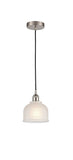 616-1P-SN-G411 Cord Hung 5.5" Brushed Satin Nickel Mini Pendant - White Dayton Glass - LED Bulb - Dimmensions: 5.5 x 5.5 x 8.5<br>Minimum Height : 12.75<br>Maximum Height : 130.75 - Sloped Ceiling Compatible: Yes