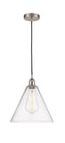 616-1P-SN-GBC-124 Cord Hung 12" Brushed Satin Nickel Mini Pendant - Seedy Edison Cone Glass - LED Bulb - Dimmensions: 12 x 12 x 14.75<br>Minimum Height : 17.75<br>Maximum Height : 134.75 - Sloped Ceiling Compatible: Yes