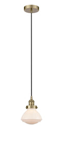 Cord Hung 6.75" Antique Brass Mini Pendant - Matte White Olean Glass LED
