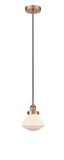 616-1PH-AC-G321 Cord Hung 6.75" Antique Copper Mini Pendant - Matte White Olean Glass - LED Bulb - Dimmensions: 6.75 x 6.75 x 7.75<br>Minimum Height : 12.25<br>Maximum Height : 130.25 - Sloped Ceiling Compatible: Yes