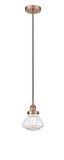 616-1PH-AC-G322 Cord Hung 6.75" Antique Copper Mini Pendant - Clear Olean Glass - LED Bulb - Dimmensions: 6.75 x 6.75 x 7.75<br>Minimum Height : 12.25<br>Maximum Height : 130.25 - Sloped Ceiling Compatible: Yes