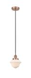616-1PH-AC-G531 Cord Hung 7.5" Antique Copper Mini Pendant - Matte White Cased Small Oxford Glass - LED Bulb - Dimmensions: 7.5 x 7.5 x 8<br>Minimum Height : 13<br>Maximum Height : 131 - Sloped Ceiling Compatible: Yes