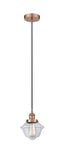 616-1PH-AC-G532 Cord Hung 7.5" Antique Copper Mini Pendant - Clear Small Oxford Glass - LED Bulb - Dimmensions: 7.5 x 7.5 x 8<br>Minimum Height : 13<br>Maximum Height : 131 - Sloped Ceiling Compatible: Yes