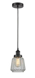 616-1PH-BK-G142 Cord Hung 7" Matte Black Mini Pendant - Clear Chatham Glass - LED Bulb - Dimmensions: 7 x 7 x 11<br>Minimum Height : 14<br>Maximum Height : 132 - Sloped Ceiling Compatible: Yes