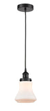 616-1PH-BK-G191 Cord Hung 6.25" Matte Black Mini Pendant - Matte White Bellmont Glass - LED Bulb - Dimmensions: 6.25 x 6.25 x 10<br>Minimum Height : 13.5<br>Maximum Height : 131.5 - Sloped Ceiling Compatible: Yes
