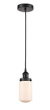 616-1PH-BK-G311 Cord Hung 4.5" Matte Black Mini Pendant - Matte White Cased Dover Glass - LED Bulb - Dimmensions: 4.5 x 4.5 x 10.25<br>Minimum Height : 13.75<br>Maximum Height : 131.75 - Sloped Ceiling Compatible: Yes