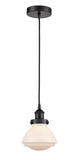 616-1PH-BK-G321 Cord Hung 6.75" Matte Black Mini Pendant - Matte White Olean Glass - LED Bulb - Dimmensions: 6.75 x 6.75 x 7.75<br>Minimum Height : 12.25<br>Maximum Height : 130.25 - Sloped Ceiling Compatible: Yes