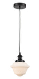 616-1PH-BK-G531 Cord Hung 7.5" Matte Black Mini Pendant - Matte White Cased Small Oxford Glass - LED Bulb - Dimmensions: 7.5 x 7.5 x 8<br>Minimum Height : 13<br>Maximum Height : 131 - Sloped Ceiling Compatible: Yes