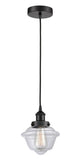 616-1PH-BK-G532 Cord Hung 7.5" Matte Black Mini Pendant - Clear Small Oxford Glass - LED Bulb - Dimmensions: 7.5 x 7.5 x 8<br>Minimum Height : 13<br>Maximum Height : 131 - Sloped Ceiling Compatible: Yes
