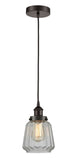 616-1PH-OB-G142 Cord Hung 7" Oil Rubbed Bronze Mini Pendant - Clear Chatham Glass - LED Bulb - Dimmensions: 7 x 7 x 11<br>Minimum Height : 14<br>Maximum Height : 132 - Sloped Ceiling Compatible: Yes