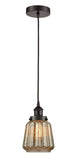 616-1PH-OB-G146 Cord Hung 7" Oil Rubbed Bronze Mini Pendant - Mercury Plated Chatham Glass - LED Bulb - Dimmensions: 7 x 7 x 11<br>Minimum Height : 15.25<br>Maximum Height : 133.25 - Sloped Ceiling Compatible: Yes