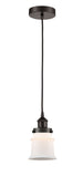 616-1PH-OB-G181S Cord Hung 6" Oil Rubbed Bronze Mini Pendant - Matte White Small Canton Glass - LED Bulb - Dimmensions: 6 x 6 x 10<br>Minimum Height : 12.75<br>Maximum Height : 130.75 - Sloped Ceiling Compatible: Yes