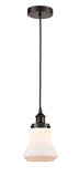 616-1PH-OB-G191 Cord Hung 6.25" Oil Rubbed Bronze Mini Pendant - Matte White Bellmont Glass - LED Bulb - Dimmensions: 6.25 x 6.25 x 10<br>Minimum Height : 13.5<br>Maximum Height : 131.5 - Sloped Ceiling Compatible: Yes