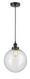 616-1PH-OB-G204-12 Cord Hung 12" Oil Rubbed Bronze Mini Pendant - Seedy Beacon Glass - LED Bulb - Dimmensions: 12 x 12 x 15<br>Minimum Height : 19<br>Maximum Height : 137 - Sloped Ceiling Compatible: Yes