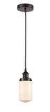 616-1PH-OB-G311 Cord Hung 4.5" Oil Rubbed Bronze Mini Pendant - Matte White Cased Dover Glass - LED Bulb - Dimmensions: 4.5 x 4.5 x 10.25<br>Minimum Height : 13.75<br>Maximum Height : 131.75 - Sloped Ceiling Compatible: Yes