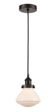 616-1PH-OB-G321 Cord Hung 6.75" Oil Rubbed Bronze Mini Pendant - Matte White Olean Glass - LED Bulb - Dimmensions: 6.75 x 6.75 x 7.75<br>Minimum Height : 12.25<br>Maximum Height : 130.25 - Sloped Ceiling Compatible: Yes