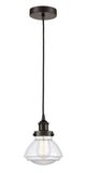 616-1PH-OB-G322 Cord Hung 6.75" Oil Rubbed Bronze Mini Pendant - Clear Olean Glass - LED Bulb - Dimmensions: 6.75 x 6.75 x 7.75<br>Minimum Height : 12.25<br>Maximum Height : 130.25 - Sloped Ceiling Compatible: Yes