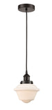 616-1PH-OB-G531 Cord Hung 7.5" Oil Rubbed Bronze Mini Pendant - Matte White Cased Small Oxford Glass - LED Bulb - Dimmensions: 7.5 x 7.5 x 8<br>Minimum Height : 13<br>Maximum Height : 131 - Sloped Ceiling Compatible: Yes