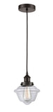 616-1PH-OB-G532 Cord Hung 7.5" Oil Rubbed Bronze Mini Pendant - Clear Small Oxford Glass - LED Bulb - Dimmensions: 7.5 x 7.5 x 8<br>Minimum Height : 13<br>Maximum Height : 131 - Sloped Ceiling Compatible: Yes