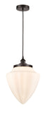 616-1PH-OB-G661-12 Cord Hung 12" Oil Rubbed Bronze Mini Pendant - Matte White Cased Large Bullet Glass - LED Bulb - Dimmensions: 12 x 12 x 16.5<br>Minimum Height : 19.5<br>Maximum Height : 136.5 - Sloped Ceiling Compatible: Yes