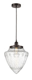 616-1PH-OB-G664-12 Cord Hung 12" Oil Rubbed Bronze Mini Pendant - Seedy Large Bullet Glass - LED Bulb - Dimmensions: 12 x 12 x 16.5<br>Minimum Height : 19.5<br>Maximum Height : 136.5 - Sloped Ceiling Compatible: Yes