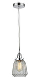 616-1PH-PC-G142 Cord Hung 7" Polished Chrome Mini Pendant - Clear Chatham Glass - LED Bulb - Dimmensions: 7 x 7 x 11<br>Minimum Height : 14<br>Maximum Height : 132 - Sloped Ceiling Compatible: Yes
