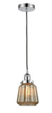 616-1PH-PC-G146 Cord Hung 7" Polished Chrome Mini Pendant - Mercury Plated Chatham Glass - LED Bulb - Dimmensions: 7 x 7 x 11<br>Minimum Height : 15.25<br>Maximum Height : 133.25 - Sloped Ceiling Compatible: Yes