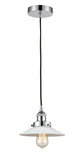 616-1PH-PC-G1 Cord Hung 8.5" Polished Chrome Mini Pendant - White Halophane Glass - LED Bulb - Dimmensions: 8.5 x 8.5 x 8<br>Minimum Height : 9.25<br>Maximum Height : 127.25 - Sloped Ceiling Compatible: Yes