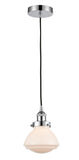 616-1PH-PC-G321 Cord Hung 6.75" Polished Chrome Mini Pendant - Matte White Olean Glass - LED Bulb - Dimmensions: 6.75 x 6.75 x 7.75<br>Minimum Height : 12.25<br>Maximum Height : 130.25 - Sloped Ceiling Compatible: Yes