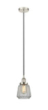 616-1PH-PN-G142 Cord Hung 7" Polished Nickel Mini Pendant - Clear Chatham Glass - LED Bulb - Dimmensions: 7 x 7 x 11<br>Minimum Height : 14<br>Maximum Height : 132 - Sloped Ceiling Compatible: Yes