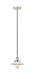 616-1PH-PN-G1 Cord Hung 8.5" Polished Nickel Mini Pendant - White Halophane Glass - LED Bulb - Dimmensions: 8.5 x 8.5 x 8<br>Minimum Height : 9.25<br>Maximum Height : 127.25 - Sloped Ceiling Compatible: Yes