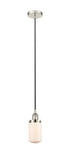 616-1PH-PN-G311 Cord Hung 4.5" Polished Nickel Mini Pendant - Matte White Cased Dover Glass - LED Bulb - Dimmensions: 4.5 x 4.5 x 10.25<br>Minimum Height : 13.75<br>Maximum Height : 131.75 - Sloped Ceiling Compatible: Yes