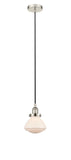 616-1PH-PN-G321 Cord Hung 6.75" Polished Nickel Mini Pendant - Matte White Olean Glass - LED Bulb - Dimmensions: 6.75 x 6.75 x 7.75<br>Minimum Height : 12.25<br>Maximum Height : 130.25 - Sloped Ceiling Compatible: Yes