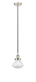616-1PH-PN-G322 Cord Hung 6.75" Polished Nickel Mini Pendant - Clear Olean Glass - LED Bulb - Dimmensions: 6.75 x 6.75 x 7.75<br>Minimum Height : 12.25<br>Maximum Height : 130.25 - Sloped Ceiling Compatible: Yes