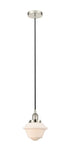 616-1PH-PN-G531 Cord Hung 7.5" Polished Nickel Mini Pendant - Matte White Cased Small Oxford Glass - LED Bulb - Dimmensions: 7.5 x 7.5 x 8<br>Minimum Height : 13<br>Maximum Height : 131 - Sloped Ceiling Compatible: Yes
