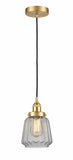 616-1PH-SG-G142 Cord Hung 7" Satin Gold Mini Pendant - Clear Chatham Glass - LED Bulb - Dimmensions: 7 x 7 x 11<br>Minimum Height : 14<br>Maximum Height : 132 - Sloped Ceiling Compatible: Yes