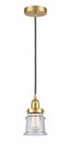 616-1PH-SG-G184S Cord Hung 6" Satin Gold Mini Pendant - Seedy Small Canton Glass - LED Bulb - Dimmensions: 6 x 6 x 10<br>Minimum Height : 12.75<br>Maximum Height : 130.75 - Sloped Ceiling Compatible: Yes