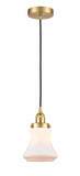 616-1PH-SG-G191 Cord Hung 6.25" Satin Gold Mini Pendant - Matte White Bellmont Glass - LED Bulb - Dimmensions: 6.25 x 6.25 x 10<br>Minimum Height : 13.5<br>Maximum Height : 131.5 - Sloped Ceiling Compatible: Yes