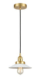 616-1PH-SG-G1 Cord Hung 8.5" Satin Gold Mini Pendant - White Halophane Glass - LED Bulb - Dimmensions: 8.5 x 8.5 x 8<br>Minimum Height : 9.25<br>Maximum Height : 127.25 - Sloped Ceiling Compatible: Yes