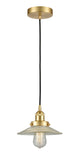 616-1PH-SG-G2 Cord Hung 8.5" Satin Gold Mini Pendant - Clear Halophane Glass - LED Bulb - Dimmensions: 8.5 x 8.5 x 8<br>Minimum Height : 9.25<br>Maximum Height : 127.25 - Sloped Ceiling Compatible: Yes