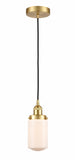 616-1PH-SG-G311 Cord Hung 4.5" Satin Gold Mini Pendant - Matte White Cased Dover Glass - LED Bulb - Dimmensions: 4.5 x 4.5 x 10.25<br>Minimum Height : 13.75<br>Maximum Height : 131.75 - Sloped Ceiling Compatible: Yes