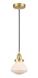 616-1PH-SG-G321 Cord Hung 6.75" Satin Gold Mini Pendant - Matte White Olean Glass - LED Bulb - Dimmensions: 6.75 x 6.75 x 7.75<br>Minimum Height : 12.25<br>Maximum Height : 130.25 - Sloped Ceiling Compatible: Yes