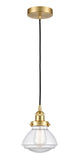 616-1PH-SG-G322 Cord Hung 6.75" Satin Gold Mini Pendant - Clear Olean Glass - LED Bulb - Dimmensions: 6.75 x 6.75 x 7.75<br>Minimum Height : 12.25<br>Maximum Height : 130.25 - Sloped Ceiling Compatible: Yes