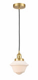 616-1PH-SG-G531 Cord Hung 7.5" Satin Gold Mini Pendant - Matte White Cased Small Oxford Glass - LED Bulb - Dimmensions: 7.5 x 7.5 x 8<br>Minimum Height : 13<br>Maximum Height : 131 - Sloped Ceiling Compatible: Yes