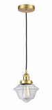616-1PH-SG-G532 Cord Hung 7.5" Satin Gold Mini Pendant - Clear Small Oxford Glass - LED Bulb - Dimmensions: 7.5 x 7.5 x 8<br>Minimum Height : 13<br>Maximum Height : 131 - Sloped Ceiling Compatible: Yes