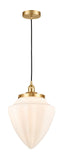 616-1PH-SG-G661-12 Cord Hung 12" Satin Gold Mini Pendant - Matte White Cased Large Bullet Glass - LED Bulb - Dimmensions: 12 x 12 x 16.5<br>Minimum Height : 19.5<br>Maximum Height : 136.5 - Sloped Ceiling Compatible: Yes