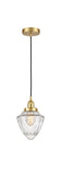 616-1PH-SG-G664-7 Cord Hung 7.5" Satin Gold Mini Pendant - Seedy Small Bullet Glass - LED Bulb - Dimmensions: 7.5 x 7.5 x 8<br>Minimum Height : 13<br>Maximum Height : 131 - Sloped Ceiling Compatible: Yes