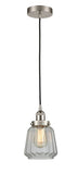 616-1PH-SN-G142 Cord Hung 7" Brushed Satin Nickel Mini Pendant - Clear Chatham Glass - LED Bulb - Dimmensions: 7 x 7 x 11<br>Minimum Height : 14<br>Maximum Height : 132 - Sloped Ceiling Compatible: Yes